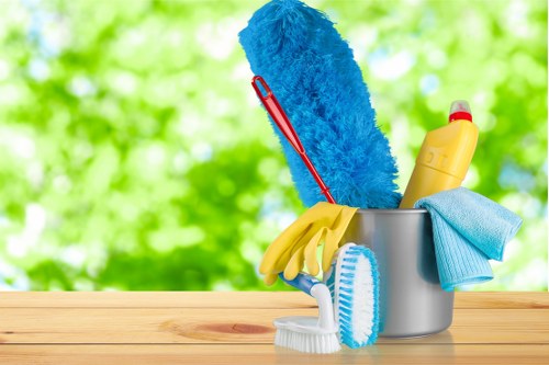 Professional office cleaner working in a Fulham business workspace